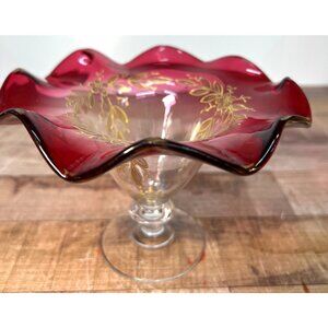 Vintage Ruby Red Hand-Painted Gold Floral Ruffled Glass Pedestal Bowl